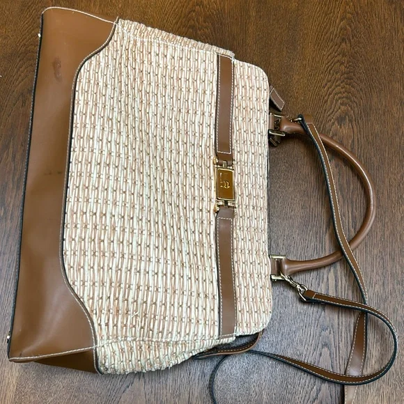 Sac à Main Vintage Etienne Aigner - Paille Et Cuir Brun - Multiples Poches